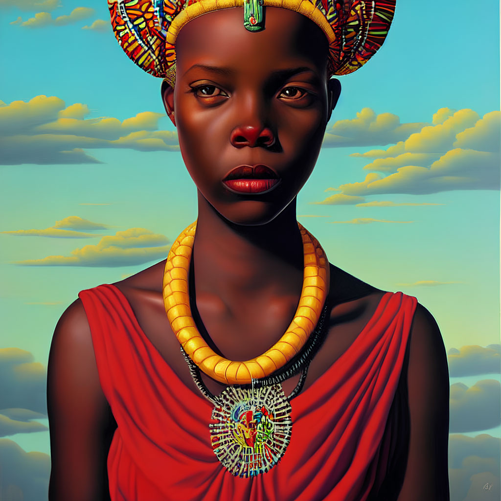 Colorful Woman Portrait with Headdress, Yellow Necklace, and Red Clothing against Blue Sky and Clouds