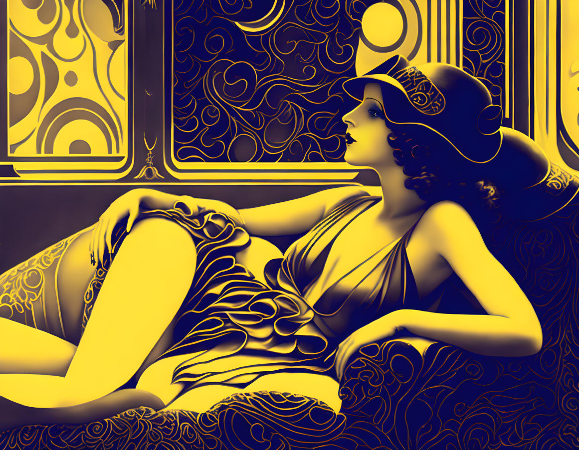 Stylized image: Woman in flowing dress, retro patterns, ornate background in yellow and blue