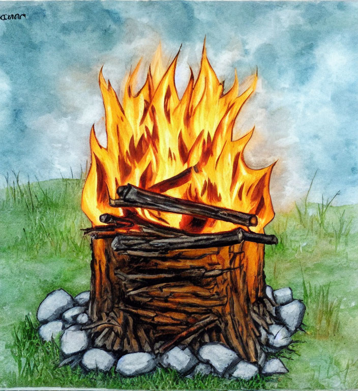 Colorful Watercolor Painting of Campfire with Flames and Stones on Grass