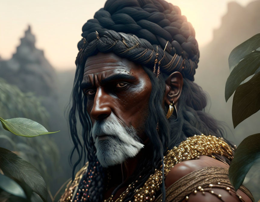 3D-rendered image of stern older male in golden armor in misty forest