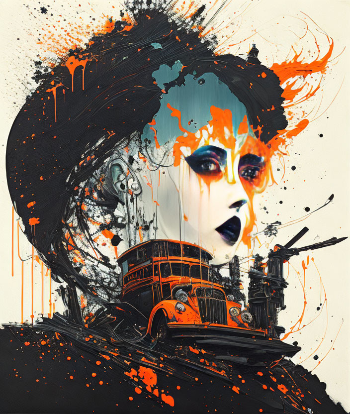 Abstract woman's face in vibrant orange and black with urban elements