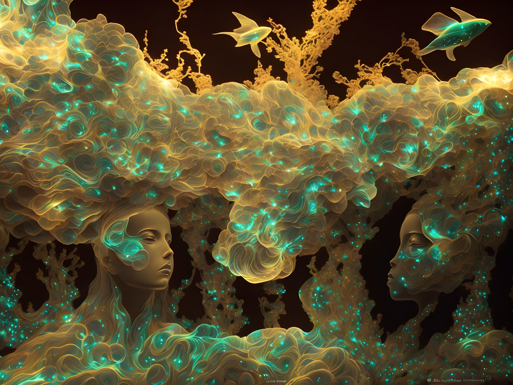 Surreal digital artwork: serene faces in golden underwater scene