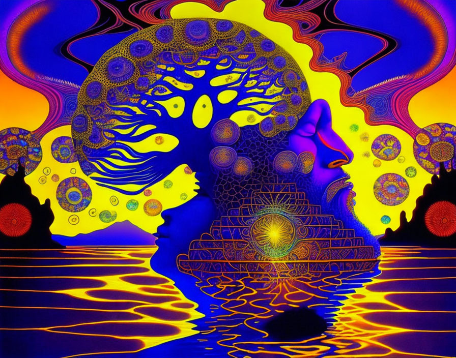 Colorful Psychedelic Digital Artwork: Silhouetted Profiles, Vibrant Blues, Y