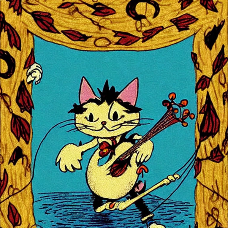 Illustration of a joyful cat playing lute on stage