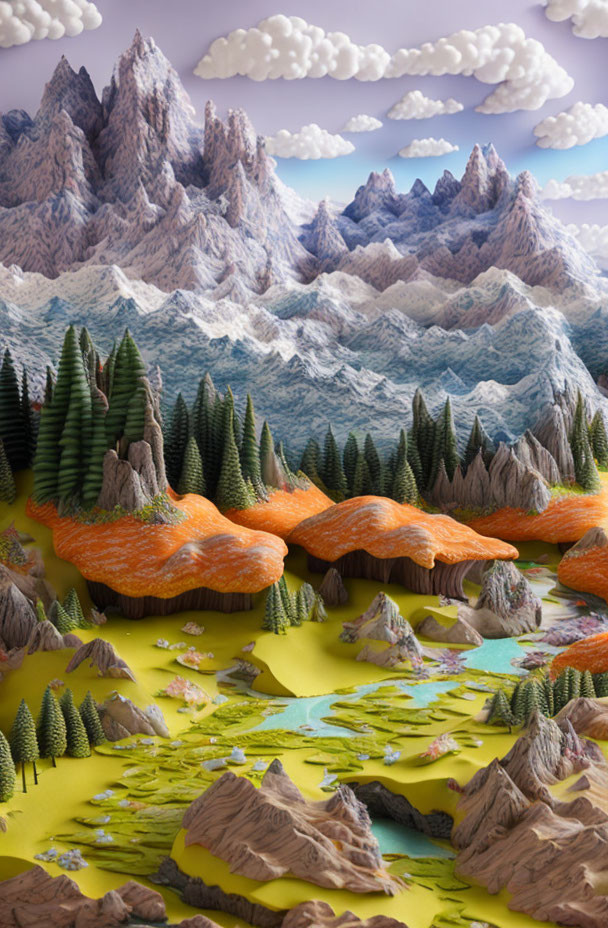 Vibrant orange forests and textured mountains in fantastical landscape