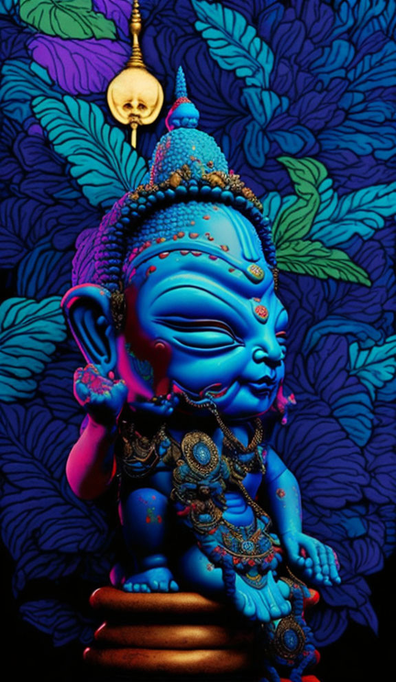 Colorful artwork of blue deity with jewelry and skull on dark leafy backdrop