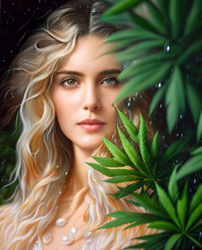 Blond woman with dewdrops on skin gazing through green leaves