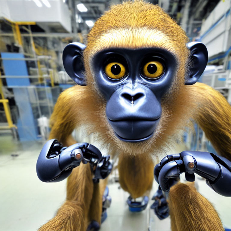 Realistic Animated Monkey with Blue Eyes and Mechanical Hands in Industrial Setting