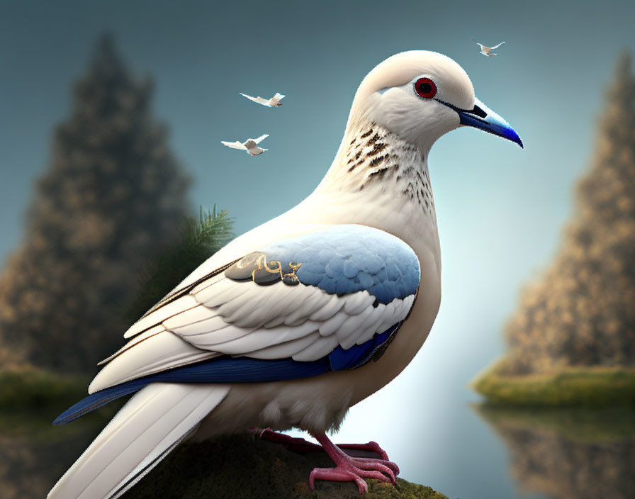 Detailed white dove with red eyes and blue wings perched on rock.