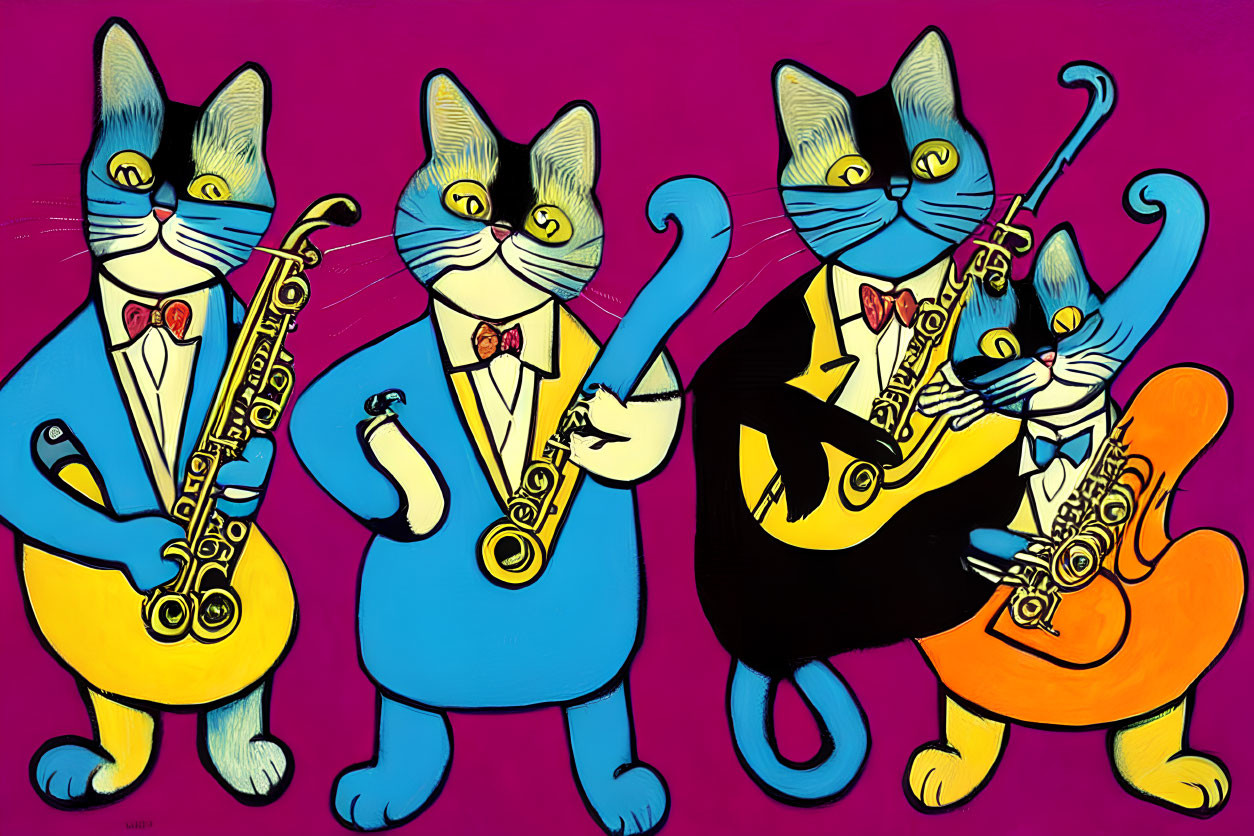 Anthropomorphic Cats Playing Saxophones in Colorful Suits