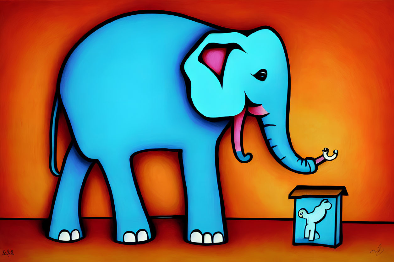 Stylized blue elephant and mouse on booth against red-orange backdrop