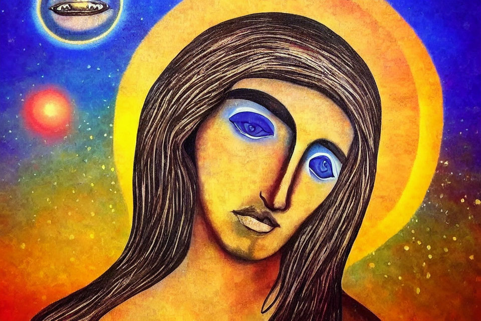 Vibrant painting of stylized figure with blue eyes and halo against cosmic backdrop