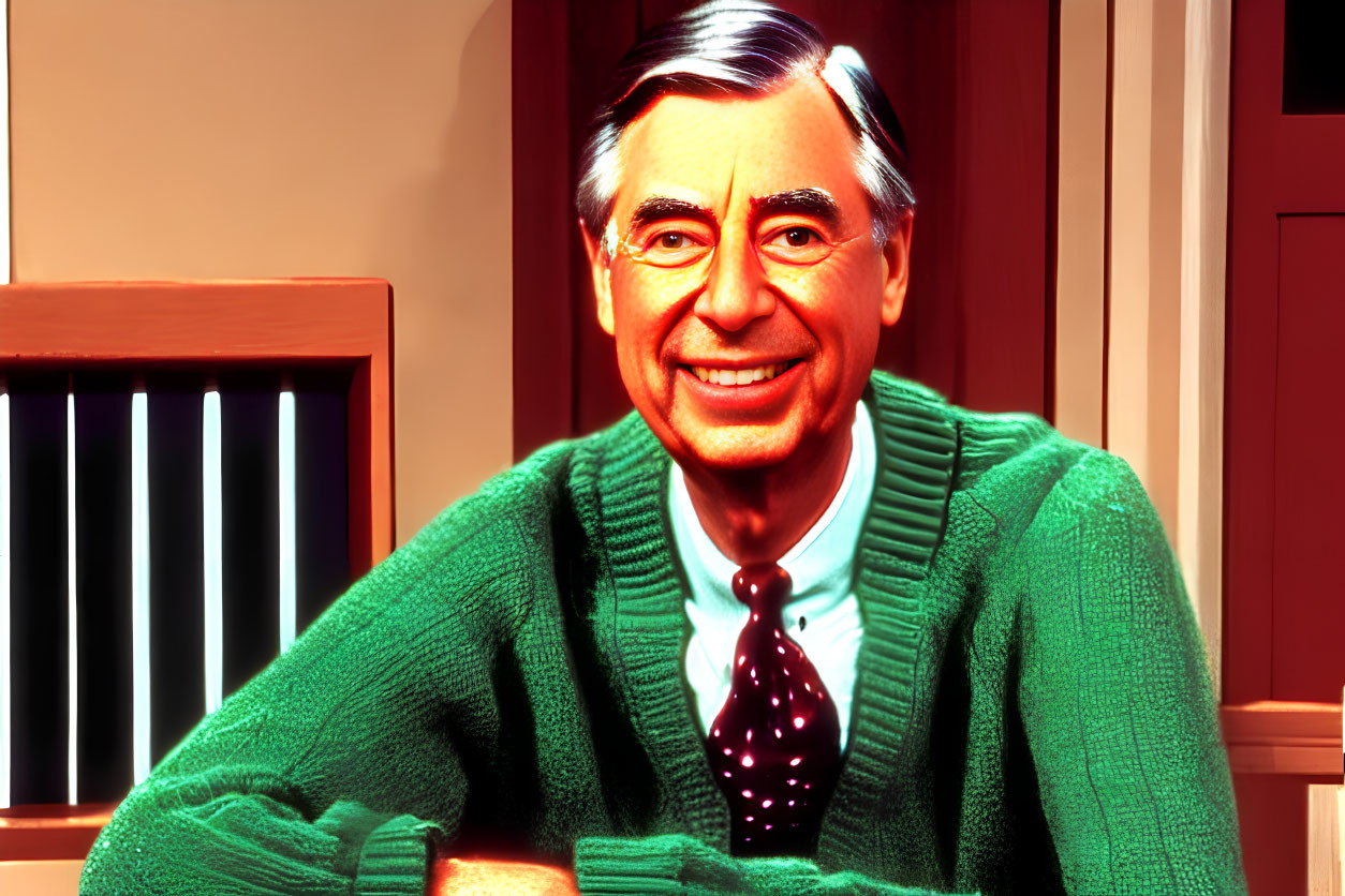 Smiling person with gray hair in green cardigan and tie sitting at table