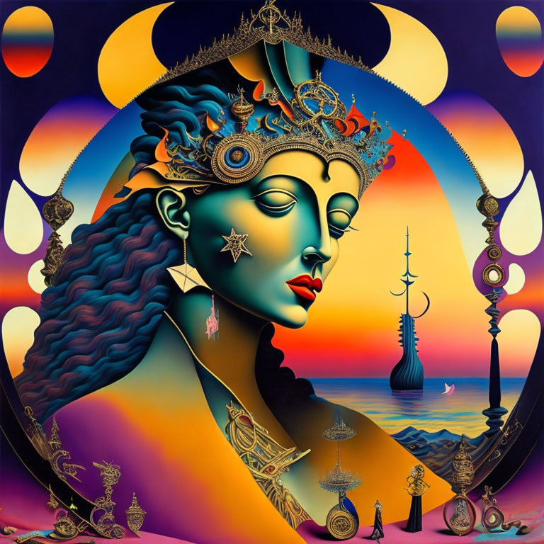 Vibrant surreal artwork: Woman with gold headgear on celestial backdrop