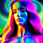 Colorful digital artwork featuring a woman with vibrant lighting on her face, set in a neon-lit
