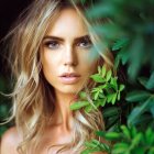 Blond woman with dewdrops on skin gazing through green leaves