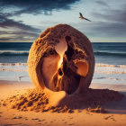 Fragmented Human Face Sculpture Emerges from Sand