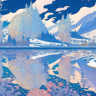 Stylized yeti illustration in snowy mountain landscape