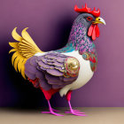 Vibrant stylized rooster with colorful feathers on purple background