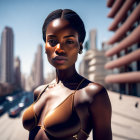 Golden-accented female android in futuristic cityscape with human hand.