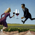 Surreal illustration: Man and woman float with wine glasses above vineyard