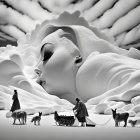 Surreal black-and-white digital art: giant woman's face in landscape with foxes and clo