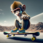 Cartoon monkey skateboarding down winding road in stylish outfit