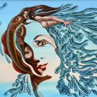 Surreal painting: woman with tear-shaped mask, small figure, tree-like hair branches, blue
