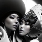 Grayscale image of two women in vintage hats and clothing with pocket watch