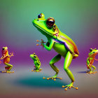 Vibrant stylized illustration of five colorful frogs, one standing upright.
