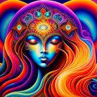 Colorful portrait of female figure with orange hair and celestial headdress on rainbow backdrop