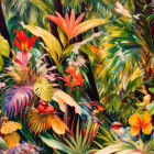Abstract jungle scene with vibrant colors, stylized plants, flowers, and hidden masks.