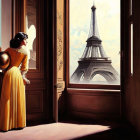 Fashionable woman in retro outfit by window with Eiffel Tower view and chic chair