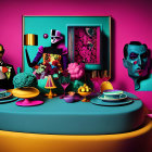 Colorful illustration of surreal female figures in dining setting