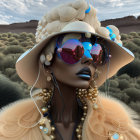 Stylized 3D illustration: Woman with mirrored sunglasses, unique hat, vibrant hair, fur