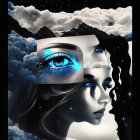 Surreal artwork: Woman's profile merges with cosmic universe and stormy clouds