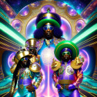 Vibrant Afrofuturism characters with cosmic backdrop and orbs