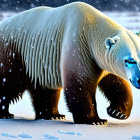 Digitally rendered polar bear with cosmic, multicolored glow in snowy landscape