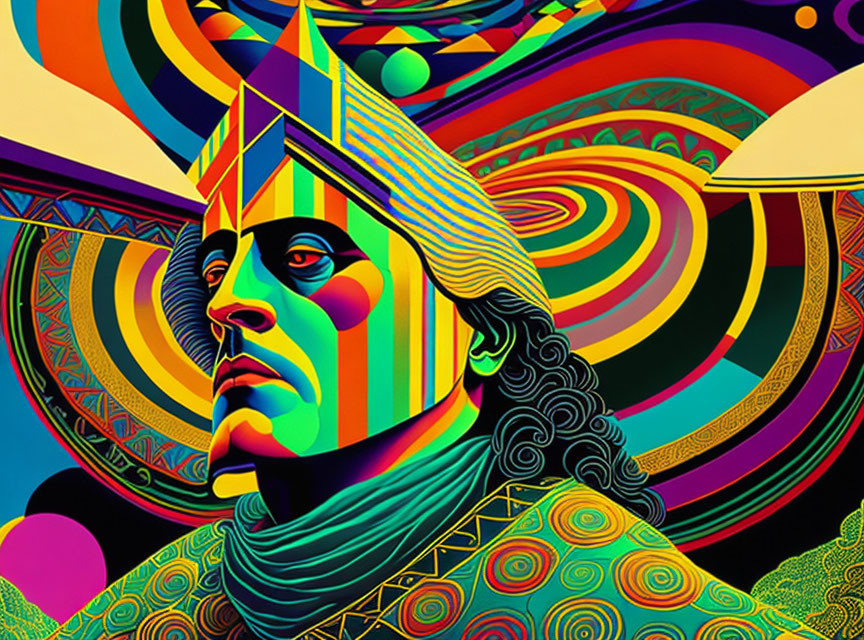 Colorful Psychedelic Portrait with Solemn Expression and Abstract Patterns