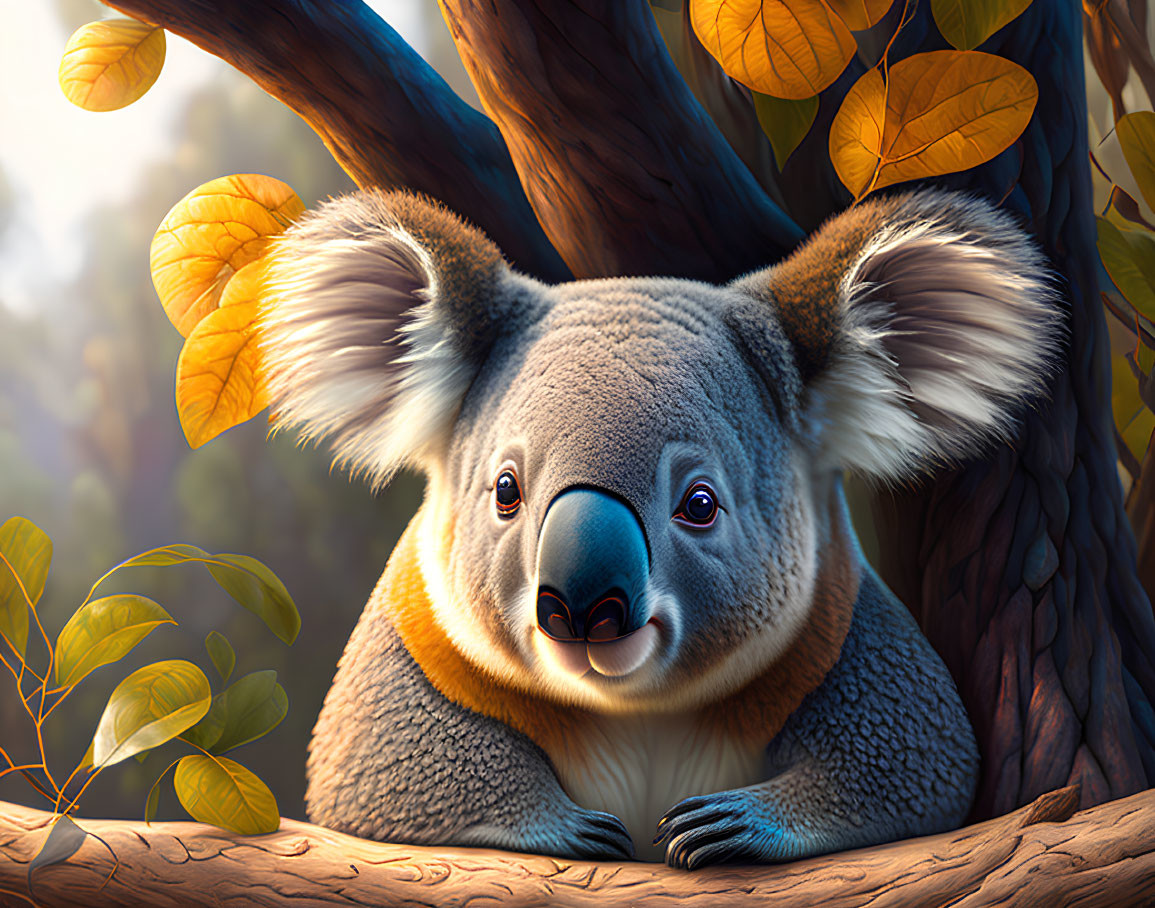 Fluffy-eared koala on tree branch in golden forest scene