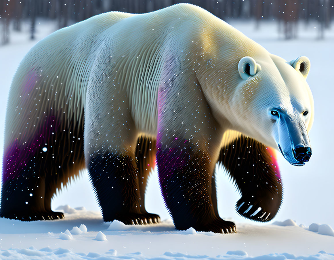 Digitally rendered polar bear with cosmic, multicolored glow in snowy landscape