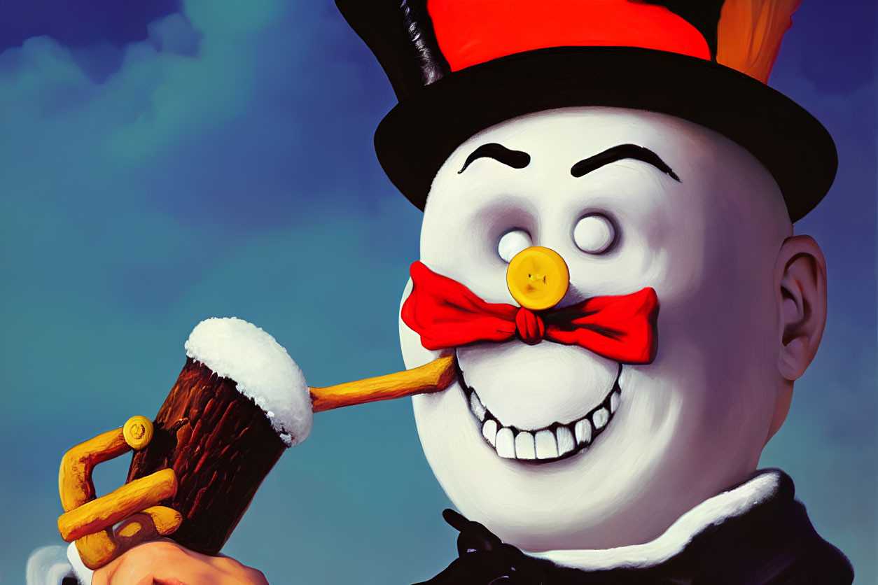 Cheerful snowman with top hat and pipe in snowy landscape