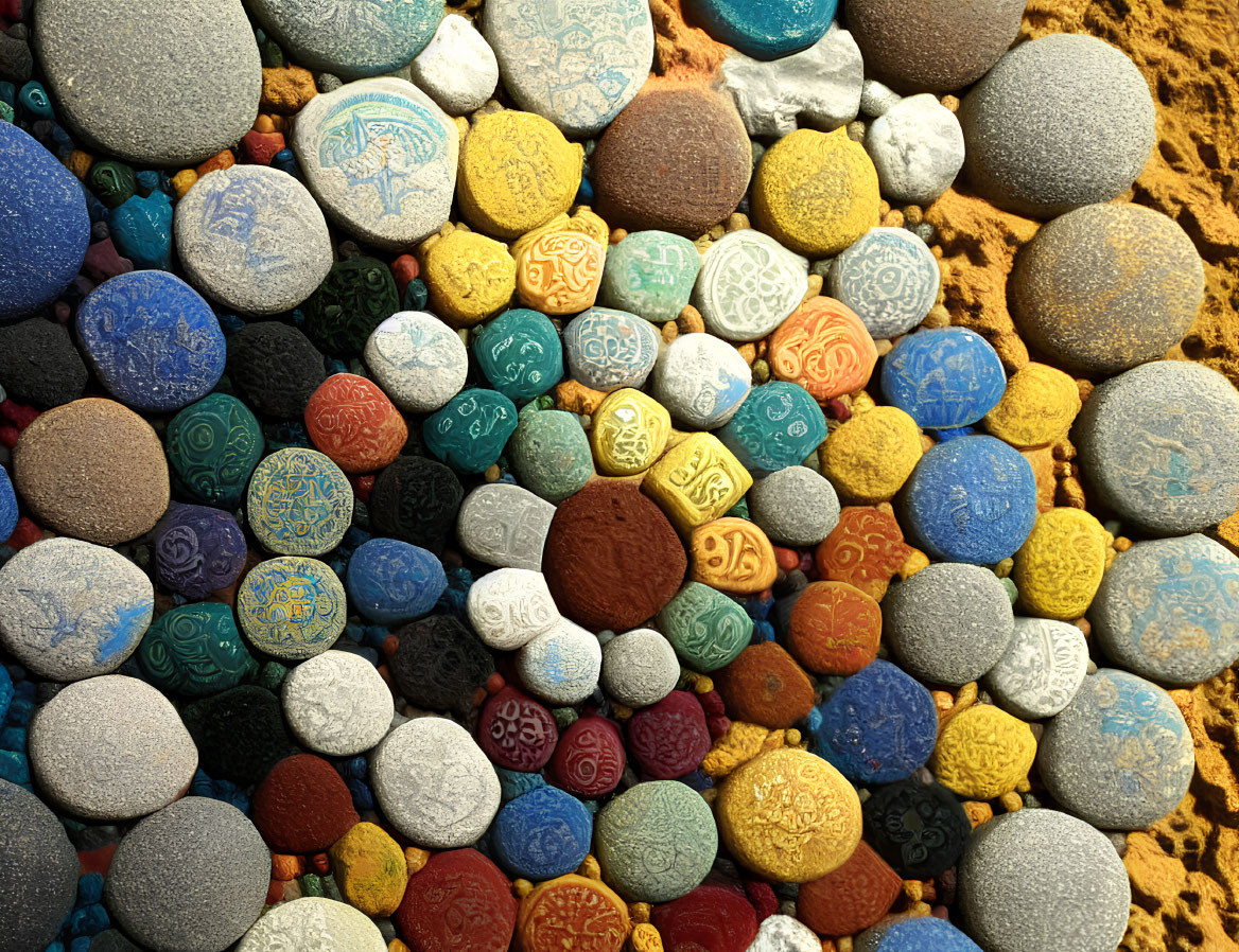 Vibrant pebbles with intricate designs on sandy surface