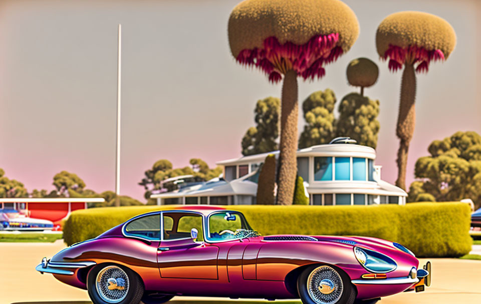 Purple classic car parked in front of quaint houses and stylized puffball trees.