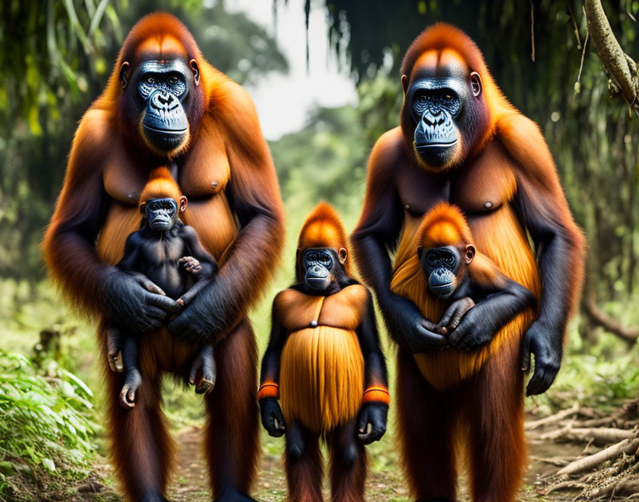 Four orangutans in lush green environment: two adults, two babies