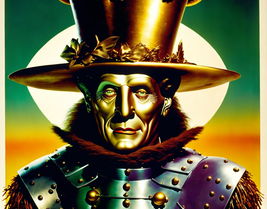 Man in metallic makeup with large top hat and armor, greenish hue, and leafy accents.