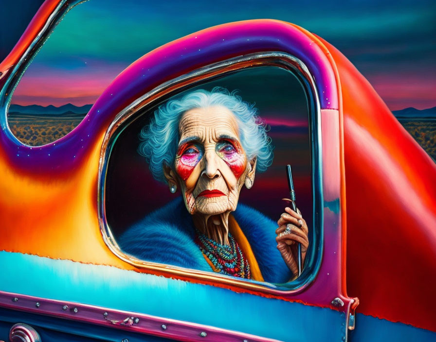 Elderly woman with blue eyes in vintage car with cigarette