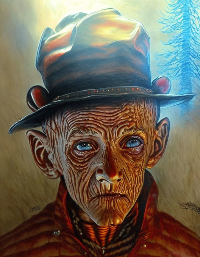 Elderly person portrait with hat and coat on abstract background