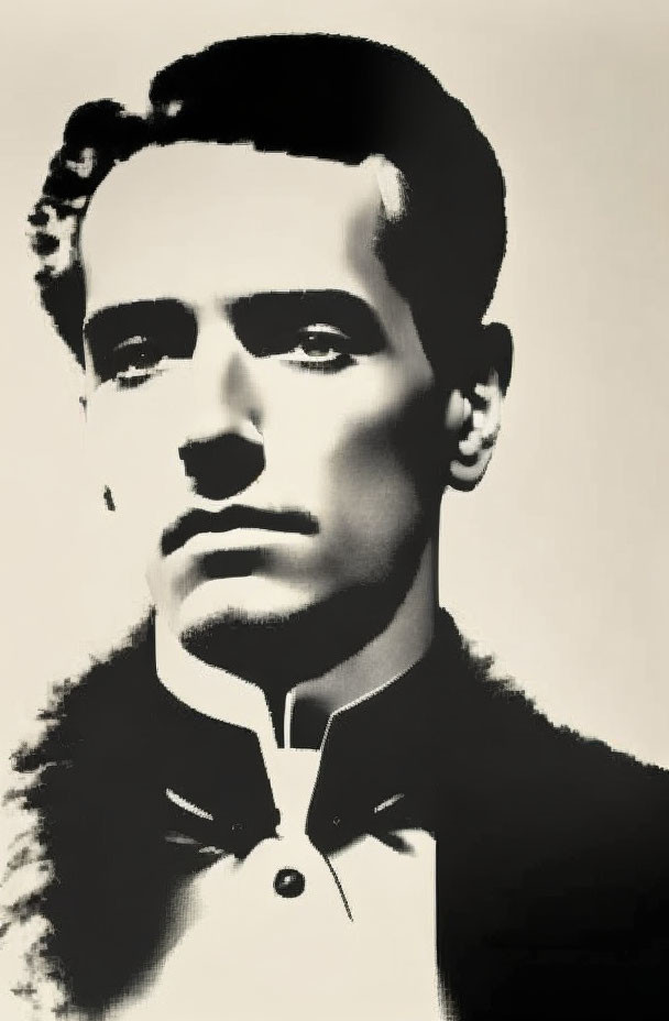 Monochromatic portrait of a man with slicked-back hair and a bow tie