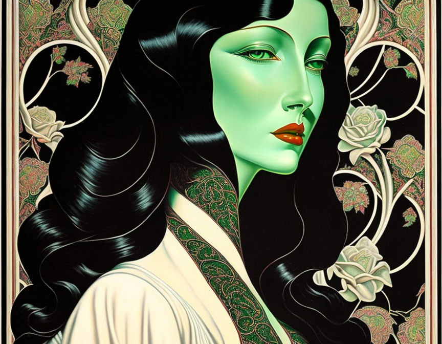 Woman with Pale Green Skin and Floral Art Nouveau Background